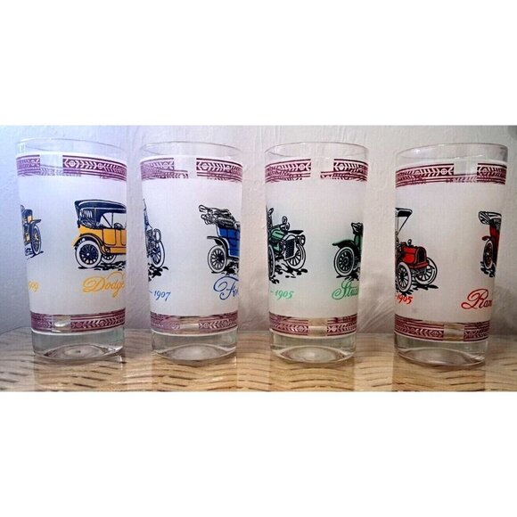 Vinage Set of Four Double Old Fashion Glasses Antique Cars - Picture 2 of 14